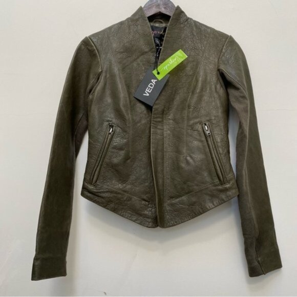 New Veda‎ x Lazerade Domino Moto Jacket Textured Leather Women Size XS NWT - Picture 3 of 9